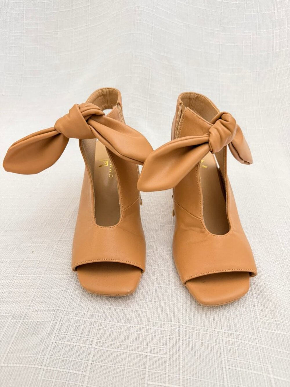 Moommo - Qupid Nude Bow Ankle Bootie Heels Open Toe Block Heel